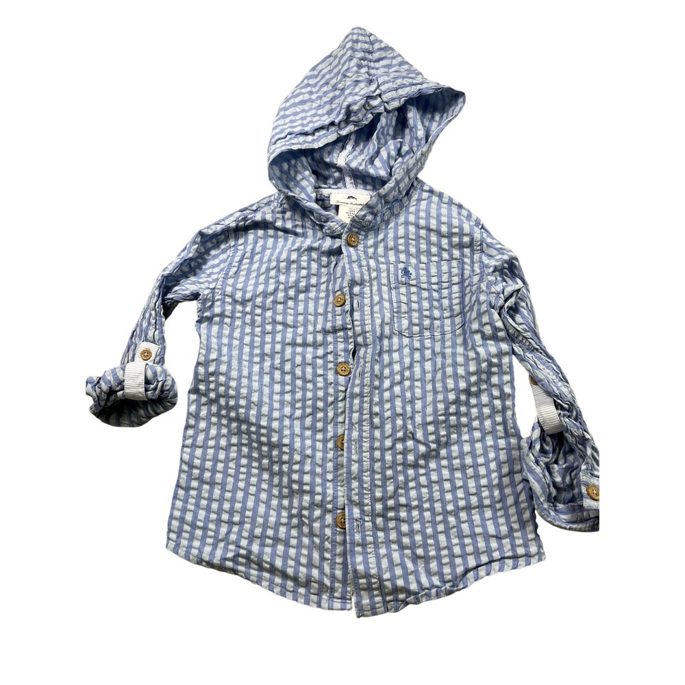 Tommy Bahama Boys Size 5T Blue White Seersucker Hooded Button Front Shirt